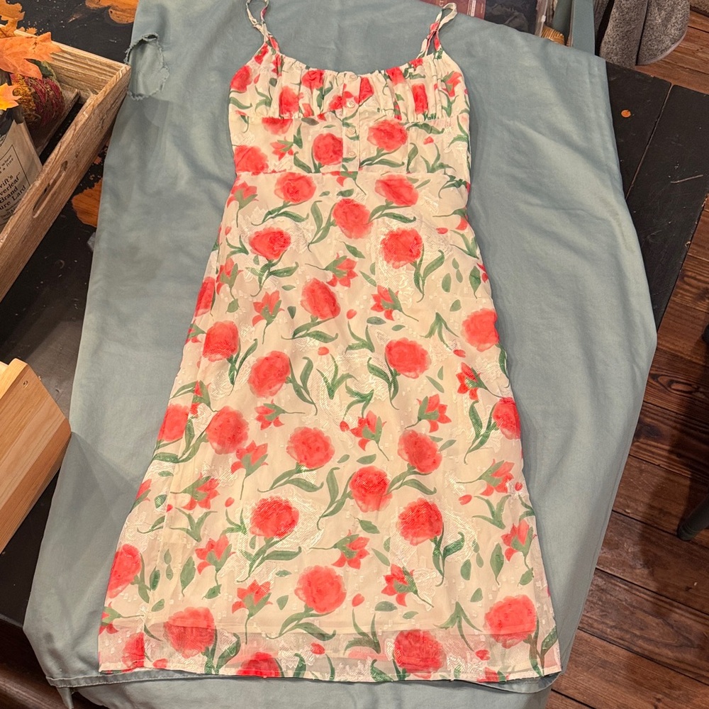 Commense Cream Floral Dress with Red and Green Accents
